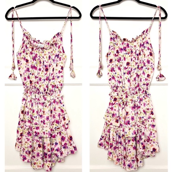 MISA LOS ANGELES Floral Sleeveless Tie Strap Smocked Ruffle Tier Mini Dress‎ L - Picture 6 of 10
